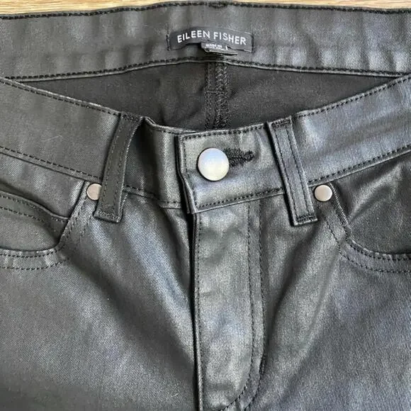 Eileen Fisher Black Wax Coated Skinny Pants Size 6 Mid Rise AS-IS - Picture 4 of 9
